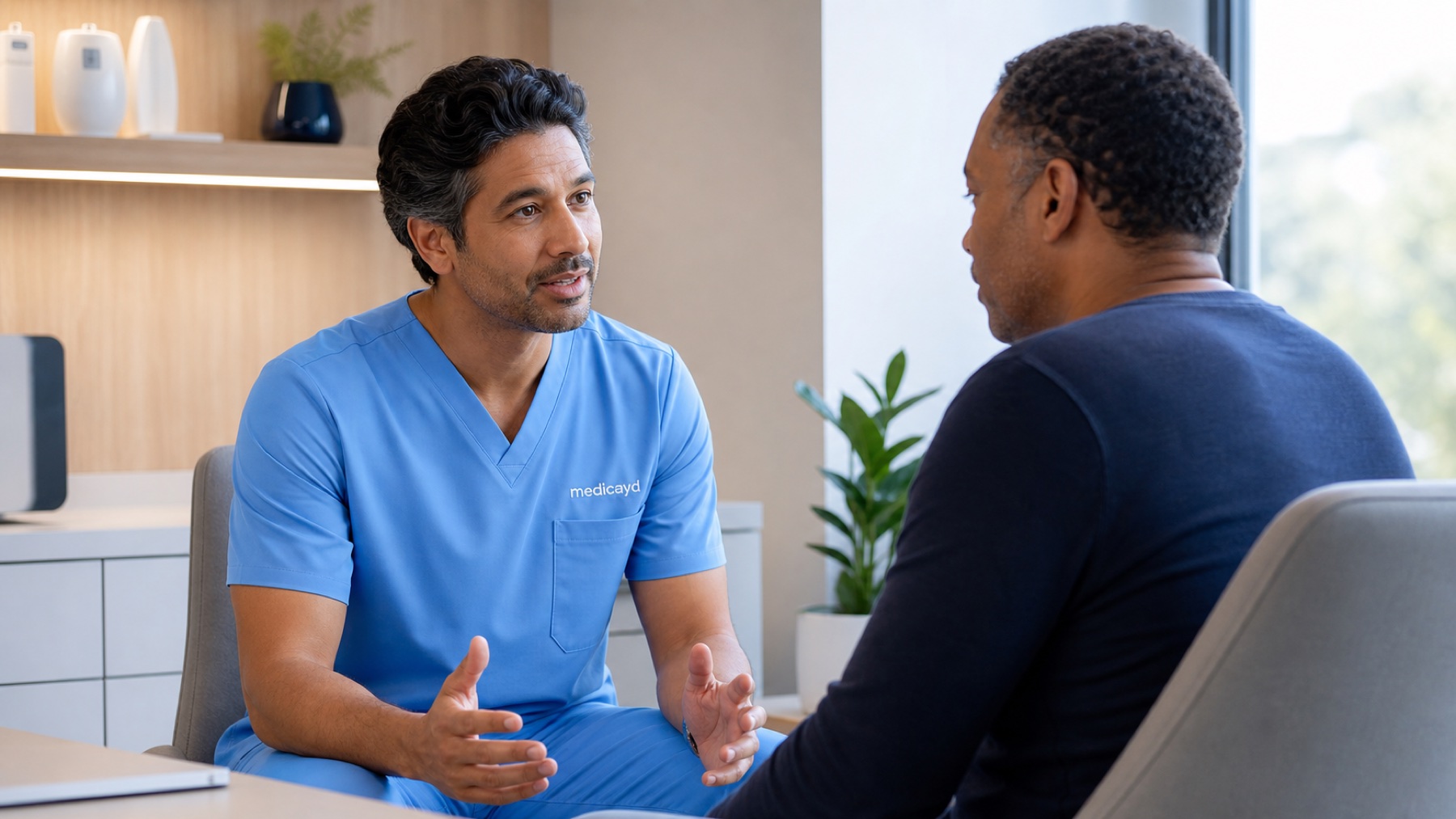 A Medicayd doctor in blue scrubs speaking attentively with a patient